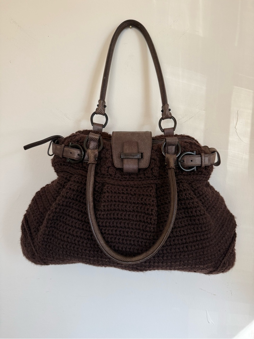 Vintage Salvatore Ferragamo Brown Crochet Knit Gancini Shoulder Y2K Hobo Bag